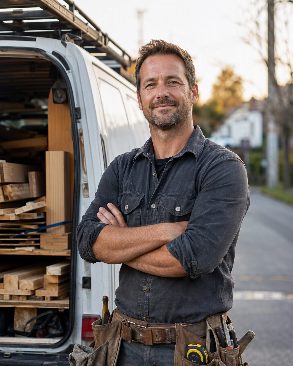 Marcus Doyle standing beside his work van, arms crossed