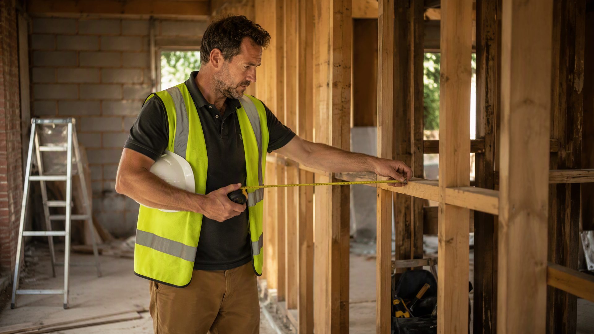 Marcus Doyle measuring a timber frame on a residential renovation site