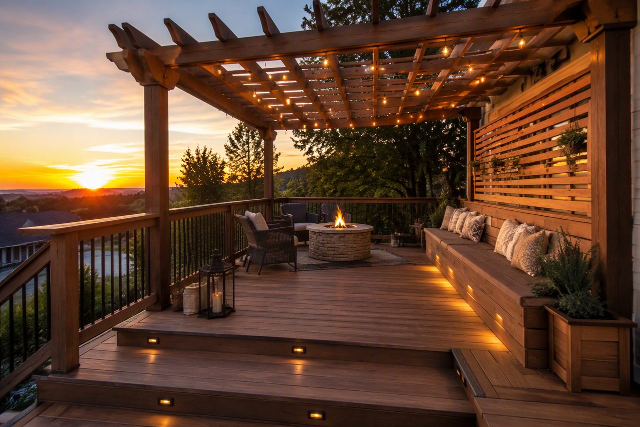 Hardwood deck with pergola and string lights at sunset