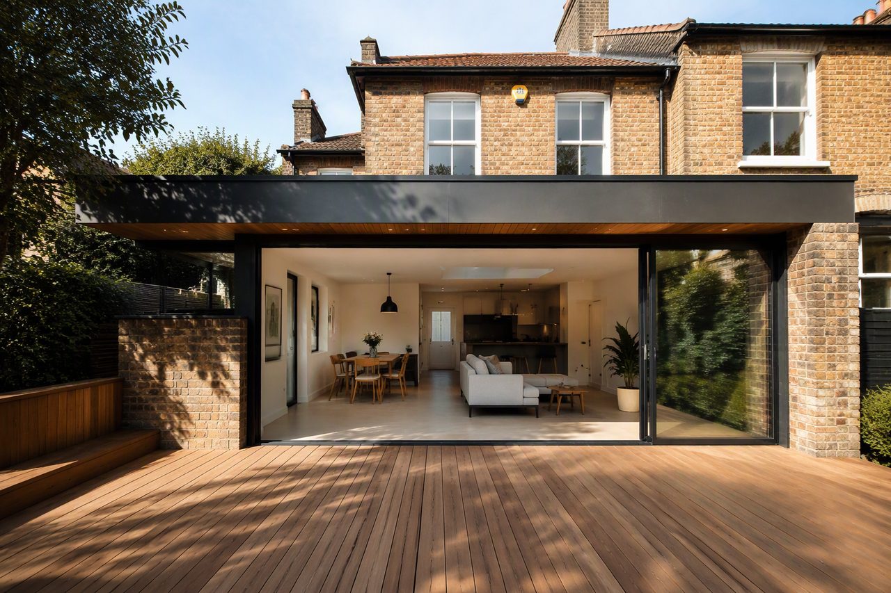Rear house extension with sliding glass doors onto a deck