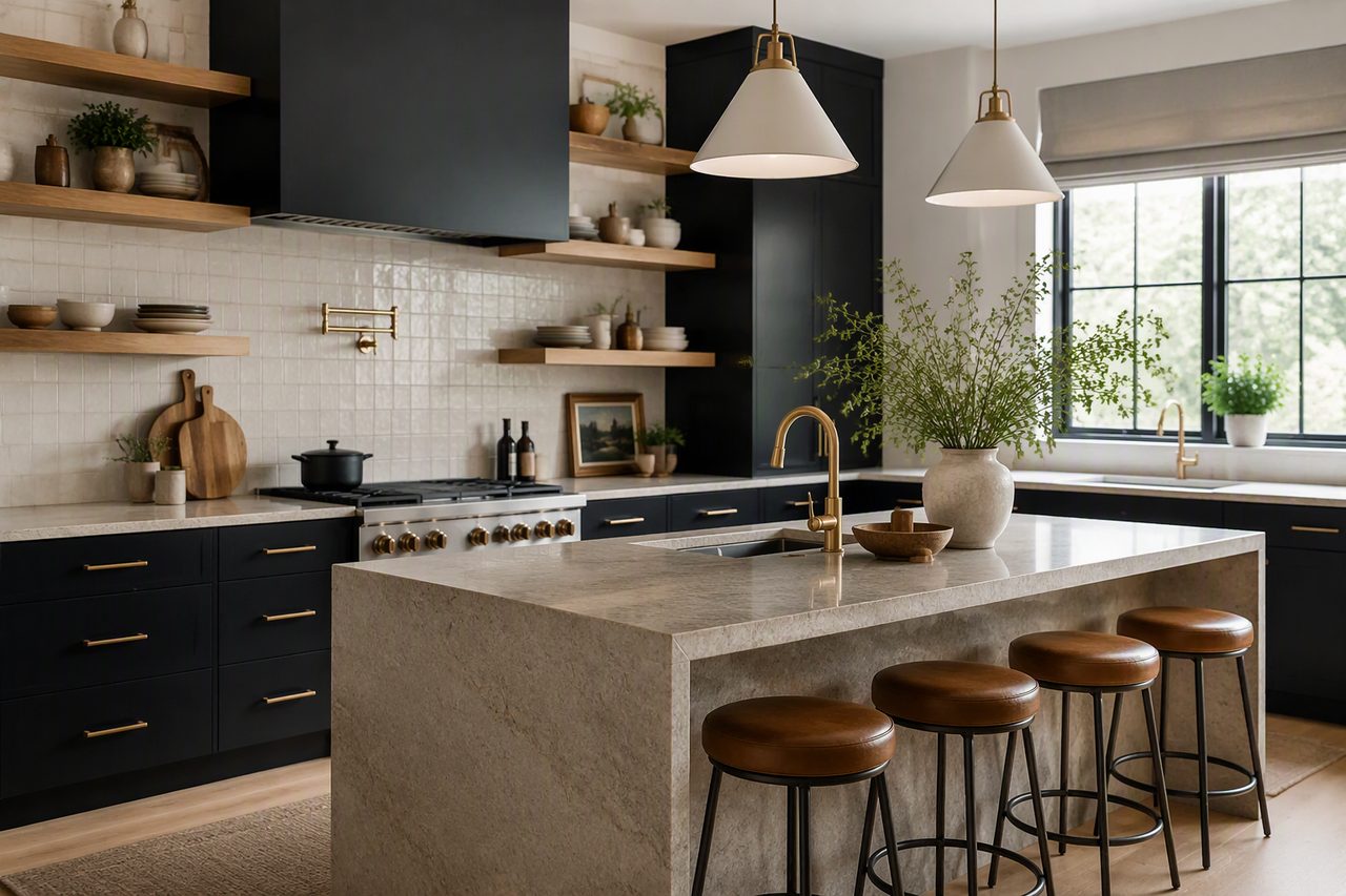 Renovated kitchen with dark cabinetry and stone island