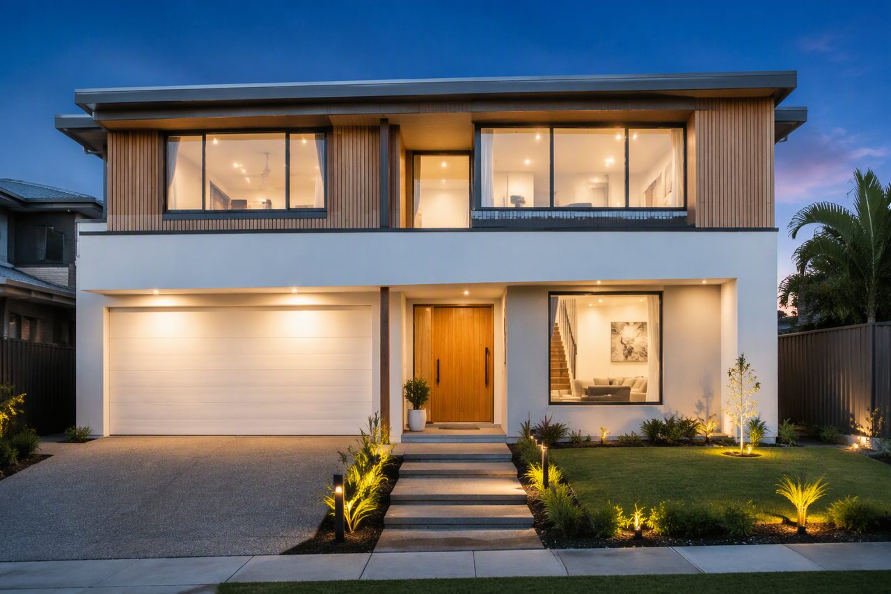 Completed modern two-story home exterior at dusk
